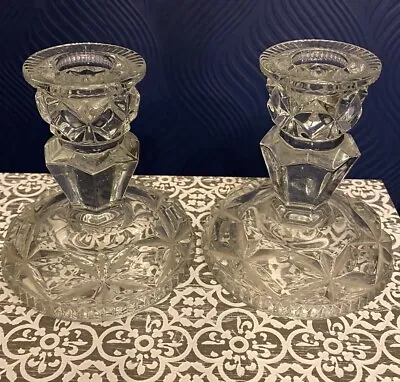 Buy Lovely Pair Of Heavy Vintage Glass Candlesticks - Beautiful Ornate Pattern  • 7.65£