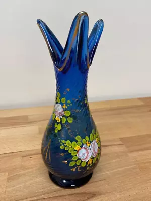 Buy Bohemian Glass Three Fingered Vase Blue Hand Painted Mid Century Vintage • 22.50£