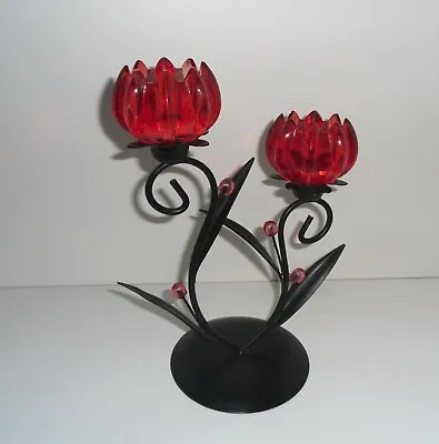 Buy Vintage Soviet Candlestick Tulip For Two Candles Metal Ruby Red Glass • 46.69£
