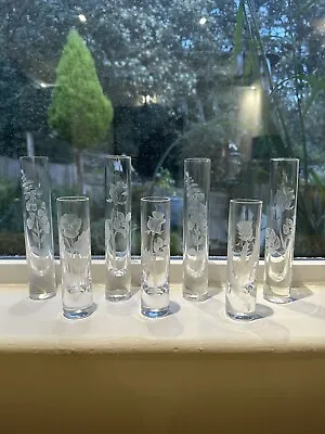 Buy 7x Stuart Strathearn Crystal Tube Vases,Etched British Flowers Collection. RARE! • 55£