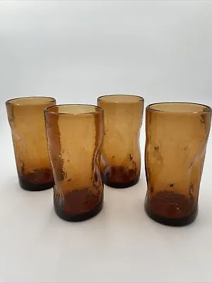 Buy Vintage Blenko Dark Amber Crackle Glass Dimple Tumblers - Set Of 4 - 6 T X 3’ W • 94.83£