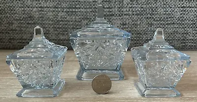 Buy Vintage Set Of 3 Pale Blue Glass Trinket Pots With Lids, 11cm & 8cm • 24.95£