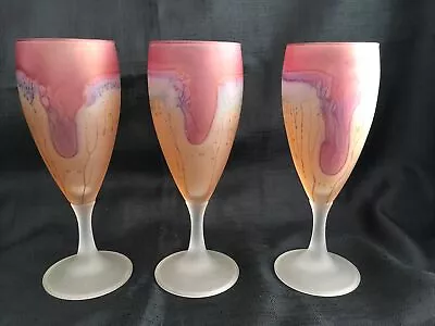 Buy Set Of 3 Nouveau Art Glass Handpainted By Reuven Frosted Stemmed Wine Glasses • 29.99£