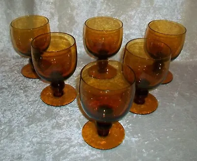 Buy Hand Blown Vintage French Biot Amber Art Glass Bubble Ball Wine Goblets (6) • 197.83£