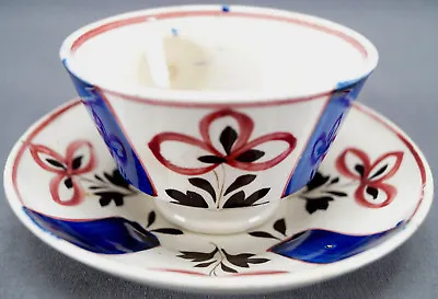 Buy Pair Of William Adams Hand Painted Floral & Cobalt Striped Pearlware Tea Bowls • 158.06£