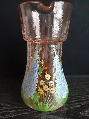 Buy Antique Crackle Glass Pitcher Pink Amber Handpainted Floral Bohemian VGC *RARE* • 28£