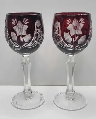 Buy Bohemian Ruby Red Cut Clear CRYSTAL Pair Of Wine Glass Goblet 7  • 49.99£