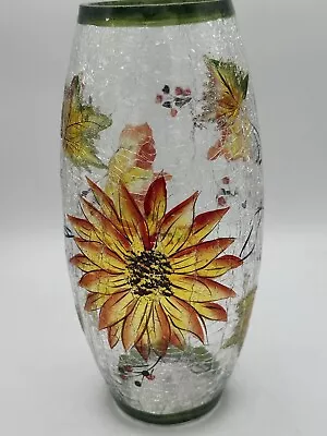 Buy Flowers & Leaves Vase Clear Crackle Glass  Hand Painted Cylindrical Green • 17.05£