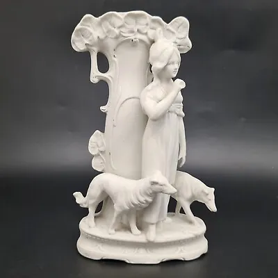 Buy Spill Vase German Bisque Lady Girl Dogs Horn GERMANY # 2314 Art Nouveau Antique • 22.95£