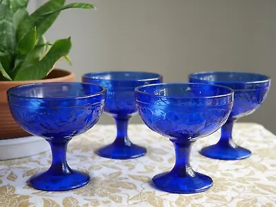 Buy 4 X Vintage French Luminarc Cobalt Blue Glass Sundae Dessert Stemmed Bowls 1970s • 40£