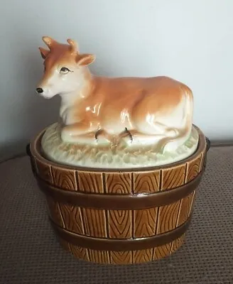 Buy Vintage/ Retro Majolica Pottery Cow On A Barrel. Lidded Butter Dish. • 12£