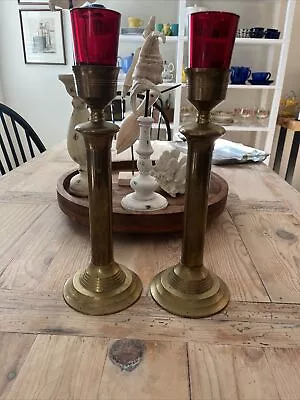 Buy Vintage Pair Brass Taper Candlesticks W/Red Glass Votive Inserts-14.25”x4.5” • 23.71£