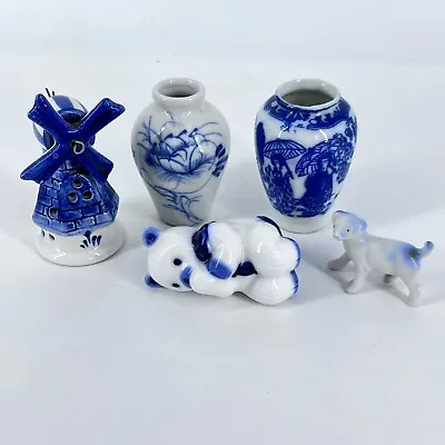 Buy Vintage Hand Painted Blue White Porcelain Miniatures Windmill Vases Animals 5 • 15.81£
