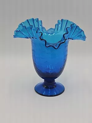 Buy BLENKO HAND BLOWN BLUE CRACKLE GLASS 8 1/4  TALL VASE W/ FLUTED & RUFFLED RIM • 36.61£
