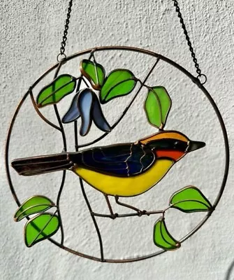Buy Round 9” Sun Catcher Multicolor Bird Stained Glass Window Hanger 3-D Leaves • 14.22£