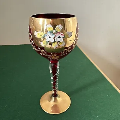 Buy Bohemia Czech Ruby Red Wine Glass Goblet, Gold Gilt Rim And Enamelled Flower • 12£