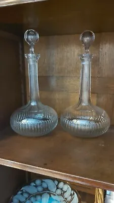 Buy Pair Of Antique Victorian Shaft & Globe Cut Glass Decanters • 15£