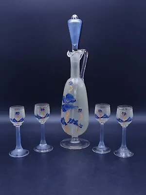 Buy 1940s Frosted Glass Hand Painted Liqueur Decanter And Glasses • 89.90£