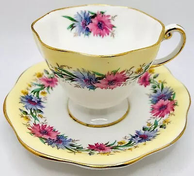 Buy Vintage Eb Foley  Cornflower  Yellow Border Cup & Saucer Set; Floral Teacup • 26.53£