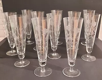 Buy Vintage Footed Champagne Glasses Etched/Flowers/Leaves 1950s-Set Of 11 See Descr • 94.58£