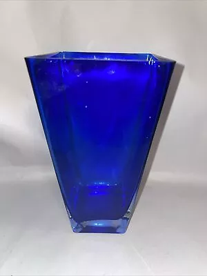 Buy Hand Made Cobalt / Deep Blue ? Vintage Square Tapered Vase With Clear Base • 14.99£