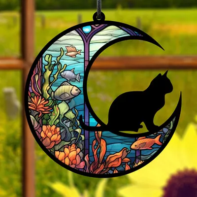 Buy Cat Moon Stained Glass Suncatcher Window Wall Art Halloween Decor Gift • 7.85£
