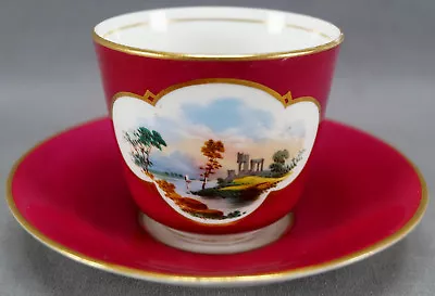 Buy British Hand Painted Landscape Ruins Gold Bone China Coffee Cup & Saucer 1860-70 • 142.08£