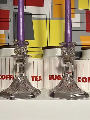 Buy 2 VTG DECO 6” Lilac Tint Crystal Glass Candle Sticks Dinner Table Candle Holders • 9.75£