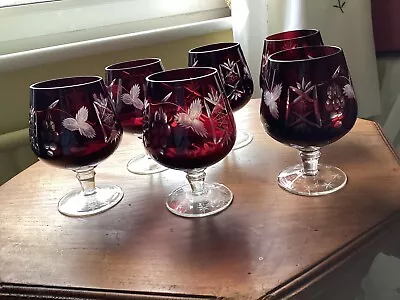 Buy Set Of 6 X Ruby Cranberry Bohemian Cut Glass Chunky Brandy Wine Spirit Glasses • 60£