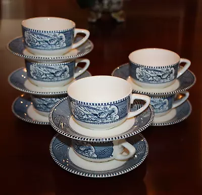 Buy Currier And Ives Vintage Dinnerware Blue And White Cups & Saucers Set Of 7 • 20.86£