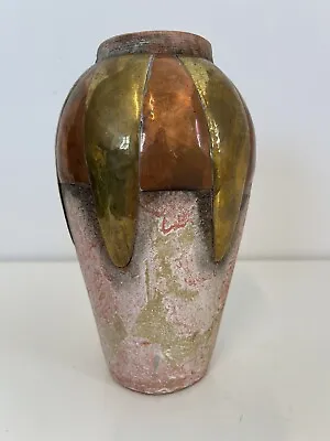 Buy Vintage Vase Handmade Pottery With Brass And Copper Accents 8.5” Tall Pink • 24.57£