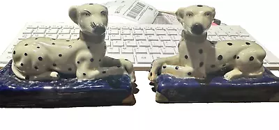 Buy Antique Staffordshire Dalmation Dogs Laying Pair Black & White Cobalt Blue Beds • 120.06£