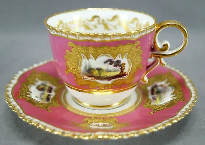Buy Coalport Hand Painted Cathedrals & Ruins Pink & Raised Gold Cup & Saucer C. 1827 • 628.28£