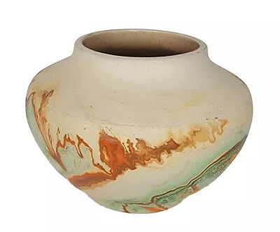 Buy Vintage Nemadji Art Pottery Bowl Vase Moose Lake MN Green Orange Clay Swirl • 24.06£