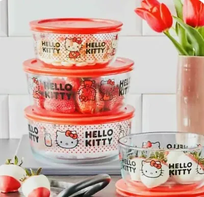 Buy New In Box/Hello Kitty Pyrex 8 Piece Set/ Glass Bowls With Lids/ • 56.89£