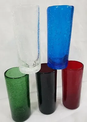 Buy Vtg Crackle Glass Tumblers 5 Highball Drink Glasses Red Blue White Purple Green • 33.73£