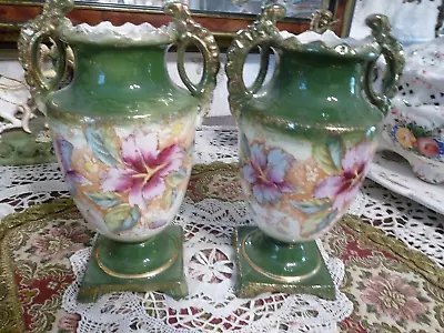 Buy Antique  Hand Painted Porcelain Urn Vase With Handles Green Leaves Pink Flowers • 60£