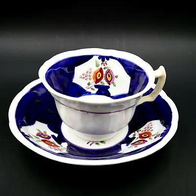 Buy Gaudy Welsh Cup Saucer Floral Cobalt White Porcelain England C19th Antique Chip • 28.34£