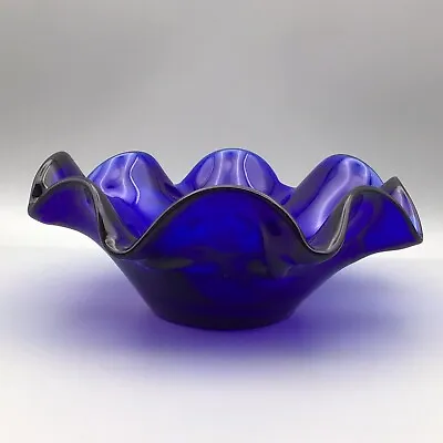 Buy 💙 A Gorgeous Retro Cobalt Blue Art Glass Ruffled Sweet/candle/trinket Dish #2. • 16£