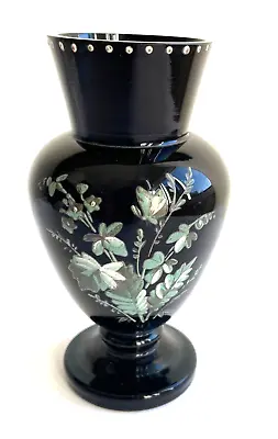 Buy Beautiful Antique 19thC Victorian Black Glass Vase Hand Painted Enamel Flowers • 45£