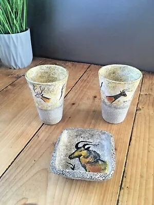 Buy 2 Mid Century French Cave Art Painting Style Stag Beakers & Pin Dish Lascaux ? • 45£