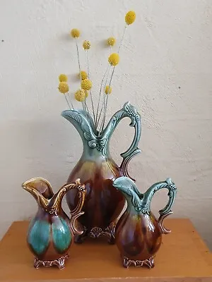 Buy Vintage Mid Century Drip Glaze Jug / Vase / Ewer Trio Japan Greens & Brown • 61.96£