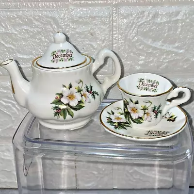 Buy Vintage Miniature Bone China White Floral December Month Cup And Saucer • 9.95£