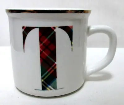 Buy Pottery Barn Plaid Initial Monogram  T  Cup Mug Micro Dish  Gold Trim Christmas • 14.46£