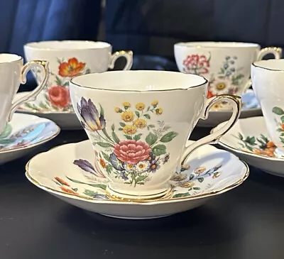 Buy Royal Sutherland Fine Bone China 5 Tea Sets Cup&Saucer Gold Rims Floral Designs • 96.42£