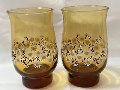 Buy 1970'S Libby Amber Tulip Shape 14 Oz Drinking Glasses With Daisies Vintage • 8.54£