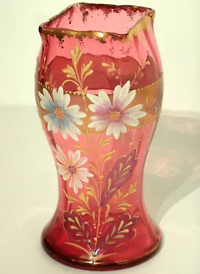 Buy Vintage Victorian Cranberry Glass Vase Enameled Floral • 48.19£