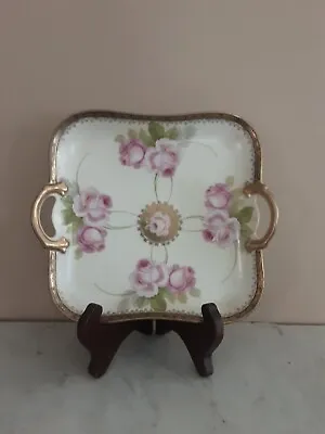 Buy Antique P.M. Bavaria Handpainted Pink Roses & Gold Accents Square Handled Plate • 32.06£