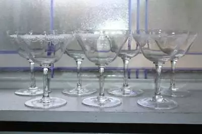 Buy 7 Art Deco Etched Pall Mall Glass Wine Champagne Glasses Vintage 1930s • 92.18£