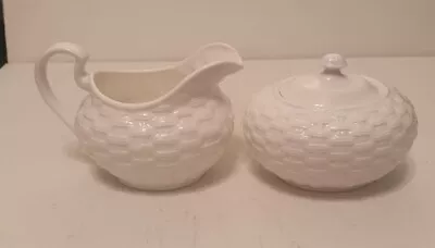 Buy Belleek Basketweave Lidded Sugar Bowl And Creamer Set White Fine Bone China • 15£